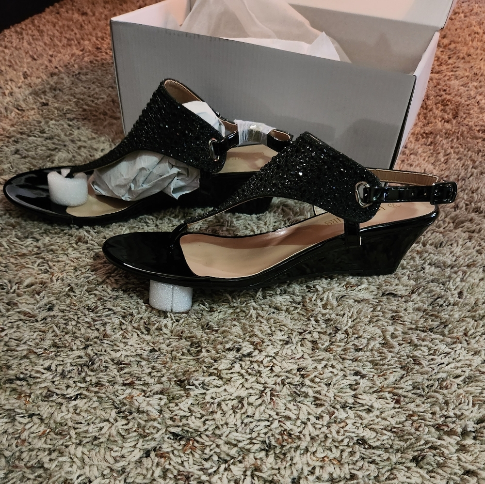 Thong Wedge Sandals Black Sequins Wedge - Picture 3 of 6